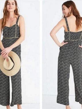 Madewell Black Floral Piping Wide-Leg Jumpsuit